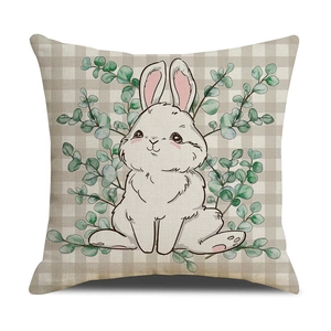 Detail of Easter pillow cover showing a cute white rabbit and vintage plaid texture