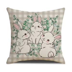 Easter throw pillow cover featuring three cartoon rabbits on a beige checkered background
