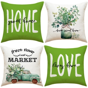 Housses De Coussin Décoratives En Lin Imprimé Floral Botanique Lettrage Camion Rétro Taie De Oreiller Maison Décor Vert