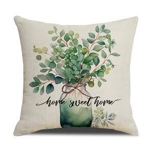 Housse de coussin en lin avec aquarelle d'eucalyptus et texte Home Sweet Home