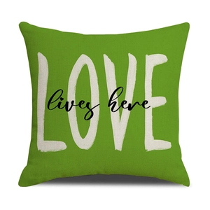 Détail de la housse de coussin verte avec texte LOVE lives here imprimé en blanc