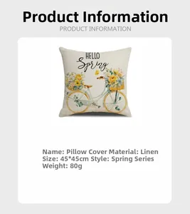 Close-up of linen pillowcase featuring 45x45cm size and 80g weight specifications