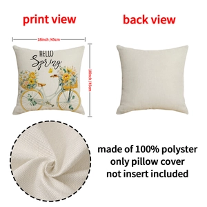 Linen style floral pillow cover with Hello Spring text and vintage bicycle pattern
