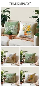Detail of four spring green floral linen pillow covers with sunflower and bicycle prints