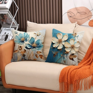 Blumenmuster Kissenbezüge im Creme-Stil mit abstrakter blau-goldener Relieftextur-Optik