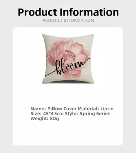 Détail de la taie d'oreiller en lin avec imprimé pivoine rose et texte bloom, 45x45cm