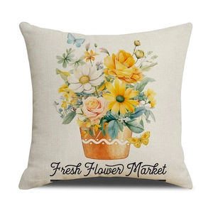Linen blend square pillow cover featuring yellow floral market print and blue butterfly