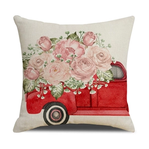 Housse de coussin en lin avec motif aquarelle de camion de roses sur fond beige