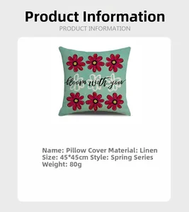 Detail of mint green linen pillowcase with pink daisy print and 'bloom with you' text