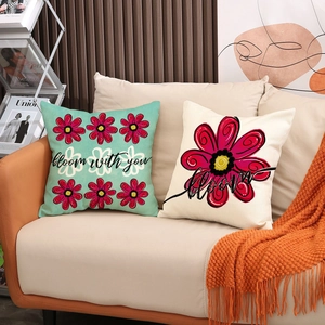 Minimalist daisy floral pillow covers set with bloom text on a sofa in cozy home decor