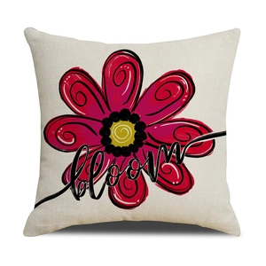 Close-up of square daisy flower pillowcase with bloom typography and soft linen texture