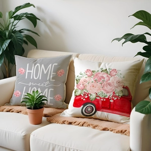 Lot de 2 housses de coussin en lin floral avec texte HOME et motif de camion rose