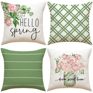 Spring Floral Decorative Cushion Cover Linen Cotton Blend Farmhouse Pillowcase For Sofa Living Room Home Decor