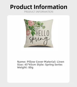 Linen floral pillow cover details showing 45x45cm size and Hello Spring flower design