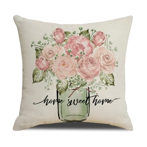 Green floral square pillowcase featuring watercolor rose design and Home Sweet Home text