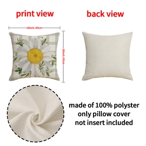 Linen style pillow case with daisy print and gray checkered pattern, size 45x45cm