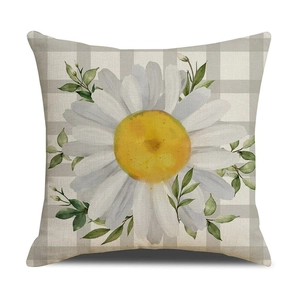 Linen cushion cover with daisy flower print and gray gingham check pattern design