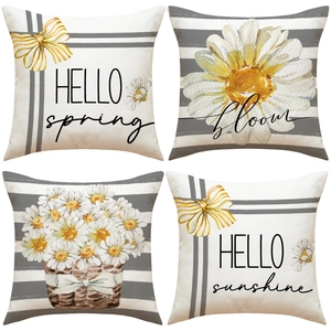 Daisy Flower Cushion Cover Decorative Pillowcase Letter Print Spring Theme Linen Style Sofa Home Decor