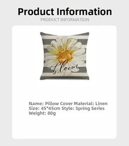 Detail specifications of 45x45cm linen daisy pillowcase with bloom print and 80g weight