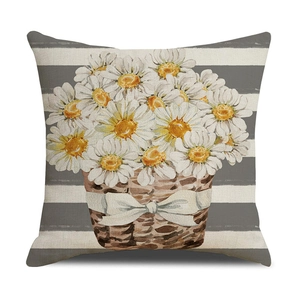 Square spring cushion cover with daisy flower basket print on gray striped cotton linen