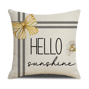 Detail of square beige cushion cover with daisy flower print and HELLO sunshine slogan