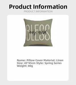 Close-up of olive green linen cushion cover featuring BLESS our nest print 45x45cm