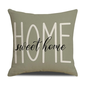 Detail of olive green cotton linen cushion cover with HOME sweet home letter print