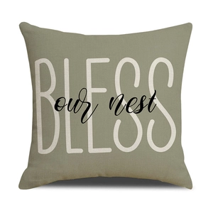 Sage green linen pillow cover with BLESS our nest print for sofa and home decor
