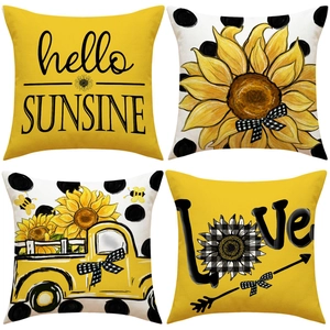 Detail of four-piece sunflower pattern decorative pillowcases with floral prints