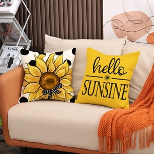 Floral sunflower cushion covers with hello sunshine typography for sofa decor