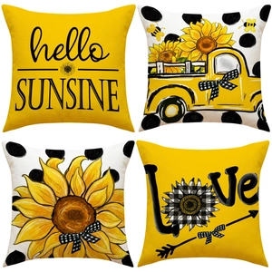 Sunflower Cushion Cover Linen Farmhouse Decorative Pillow Case For Sofa Living Room Rustic Yellow Floral Truck Print
