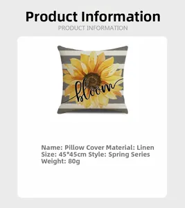 Detail view of sunflower pillowcase with bloom lettering and 45x45cm dimension specs