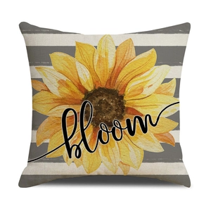 Linen sunflower pillow cover with gray stripes and 'bloom' text print for home decor
