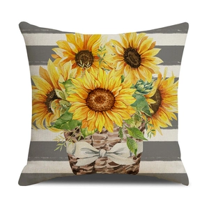 Detailed view of linen sunflower pillowcase with yellow flowers and striped pattern