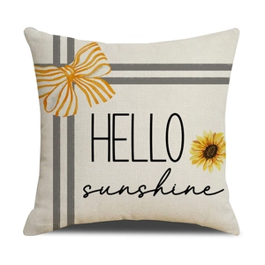 Detailed view of linen sunflower cushion cover with Hello Sunshine printed lettering