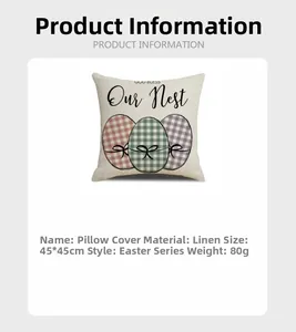 Housse de coussin Pâques en lin avec texte Our Nest et trois œufs colorés 45x45cm