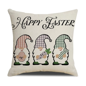 Détail de l'imprimé gnomes de Pâques sur housse de coussin carrée en coton et lin