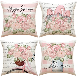 Taie d'Oreiller Décorative en Lin Imprimé Tournesol Rose Gnomes Housse de Coussin Salon Maison
