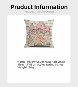 Housse de coussin en lin avec gnomes et roses de printemps, détail 45x45 cm