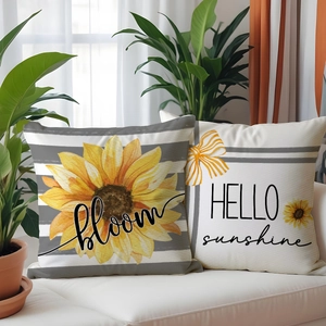 Sunflower pattern decorative linen pillow covers set of 2 for living room sofa decor
