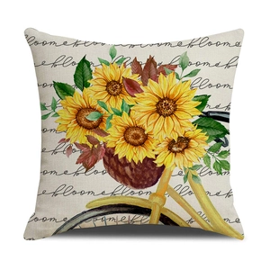 Housse de coussin en lin moderne avec motif tournesol, vélo et texte bloom imprimé