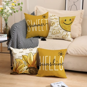 Set of 4 yellow floral linen cushion covers with Hello Sunshine and summer print