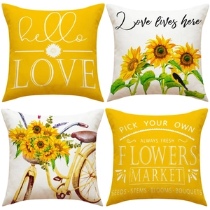 Set of four sunflower throw pillow covers featuring rustic bicycle and floral patterns