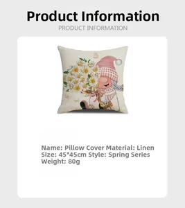 Linen cushion cover with spring gnome daisy print measuring 45x45cm for sofa decor