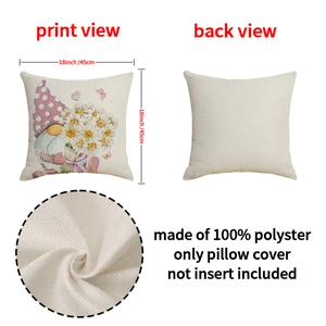 Close-up of linen-textured cushion cover with garden gnome design and fabric detail