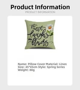 Linen throw pillow cover 45x45cm with daisy print and artistic text for sofa decor