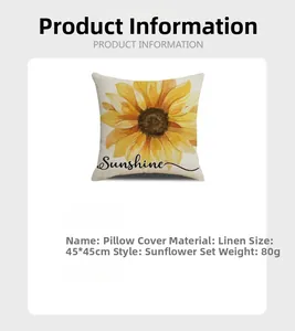 Linen sunflower pillow cover with Sunshine text detail and 45x45cm size specs