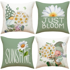 Set of four sage green daisy gnome pillow covers in linen with sunshine print