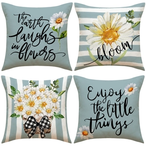 Detailed 2x2 grid showing four linen pillow covers with daisy prints and English quotes