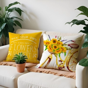 Minimalist linen pillow covers with sunflower bicycle and yellow flower market text set